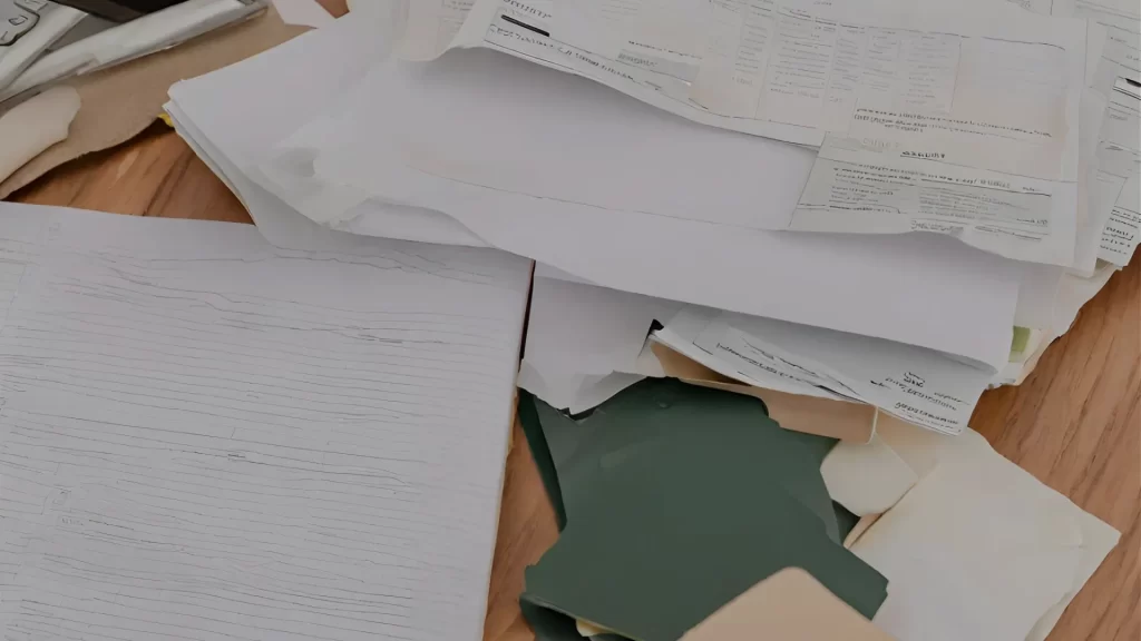 a pile of documents after an accident on a desk